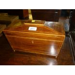 George III mahogany boxwood line inlaid sarcophagus shaped tea caddy