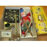 Boxed Pelham puppet, gilt metal table clamp, sewing clamp pin cushion, square lacquered box,