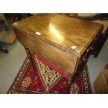 Good quality George IV mahogany drop-leaf work table with two end drawers and wool bag raised on