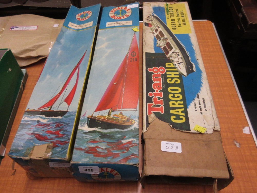 Two Scalex model pond yachts in original boxes together with a Triang electric powered scale model