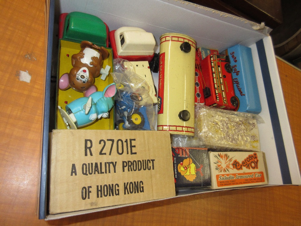 Box containing a quantity of tin plate die-cast model vehicles including Triang Minic,