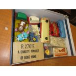 Box containing a quantity of tin plate die-cast model vehicles including Triang Minic,