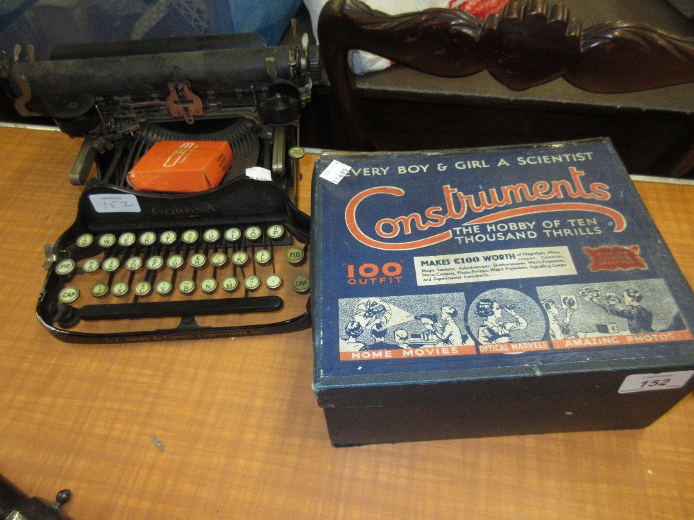 Construments original boxed construction set together with an early 20th Century Corona typewriter