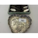 Continental silver heart shaped trinket dish with London import marks together with a cased set of