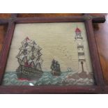 Late 19th Century woolwork picture depicting sailing ships near a lighthouse in a pine frame,