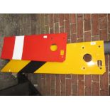 G.W.R. black and yellow vitreous enamel signal arm together with another red and white, B.R.