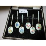 Cased set of six silver gilt floral enamel decorated coffee spoons