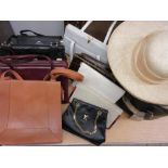 Collection of various ladies leather handbags including: Picasso and Radley together with a hat box