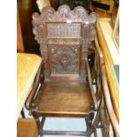17th Century oak Wainscot type elbow chair,