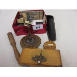 Quantity of various sewing related items including: Mauchline ware box and a Tunbridge ware stand