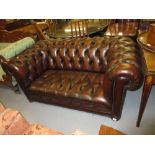 Two seat brown leather button upholstered Chesterfield sofa with button seat on low bun supports
