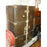 Large 19th Century leather and brass bound wardrobe trunk with a fully fitted interior by
