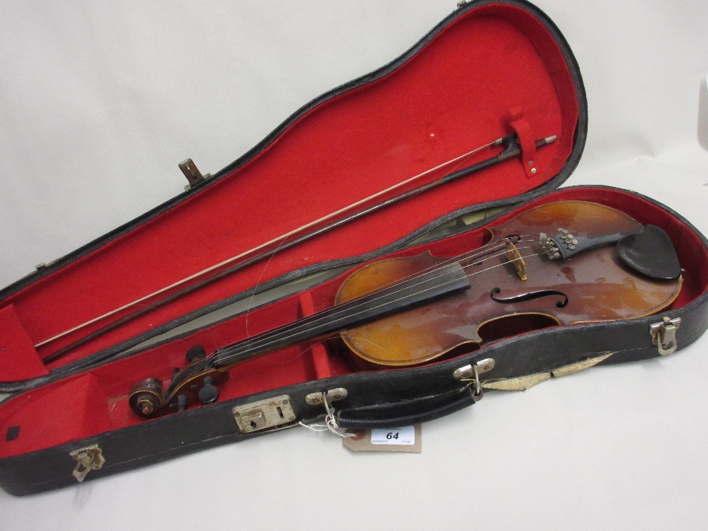 Student violin with an indistinctly signed bow,