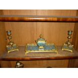 19th Century French champleve enamel and ormolu three piece desk set comprising: ink stand and a