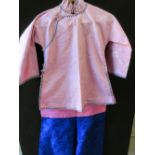 Early 20th Century Chinese blue and pink silk embroidered outfit including headdress,