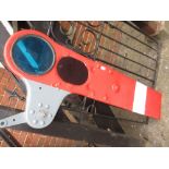 Similar red and white vitreous enamel and red and grey painted iron railway signal having blue and