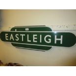 Green and white vitreous enamel railway station sign for Eastleigh