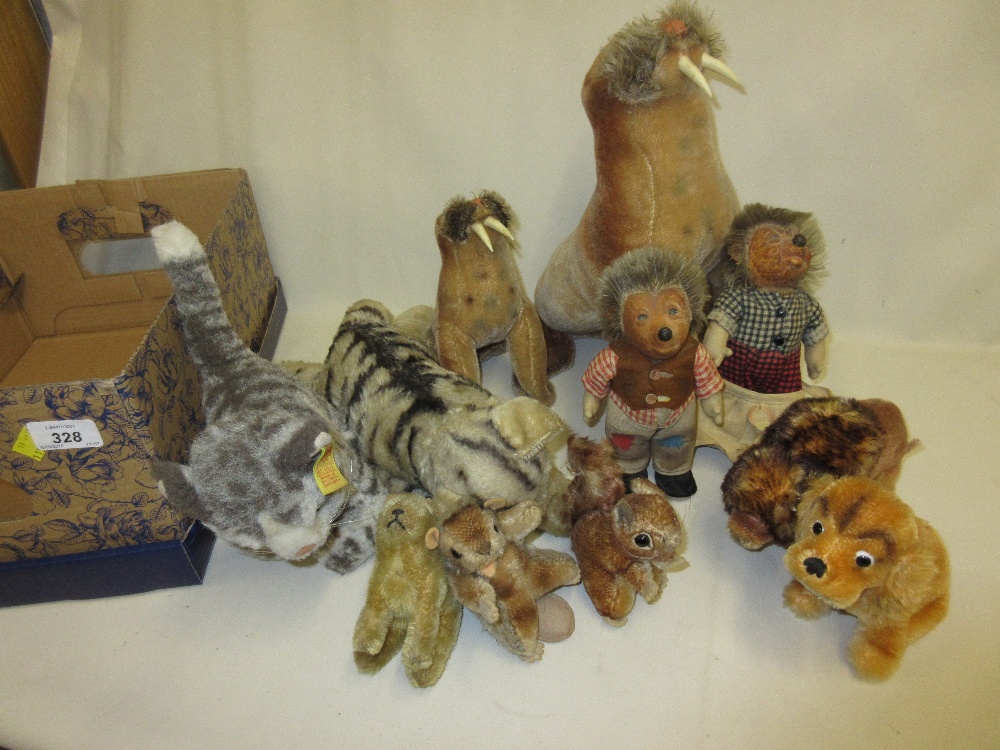 Collection of Steiff and other soft toys including: hedgehogs and walrus