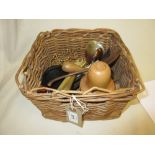 Small basket containing a quantity of miscellaneous items including: yew wood spoon,