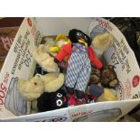 Box containing various modern teddy bears and gollies including Merrythought