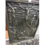 Large 19th Century bronzed terracotta plaque, crucifixion scene, 34ins x 25ins,