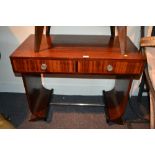 French design rosewood console table having two short drawers with polished steel knob handles and