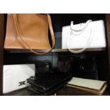 Collection of various ladies leather handbags including: Picasso and Radley together with a hat box