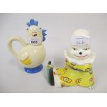 Clarice Cliff Bizarre chicken form creamer with cover and a porcelain novelty inkwell in the form