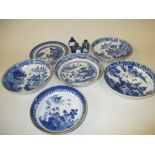 Six various Chinese blue and white saucer dishes (some damages) together with three Chinese