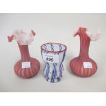 Pair of pink satin glass vases together with a small Venetian spiral glass vase