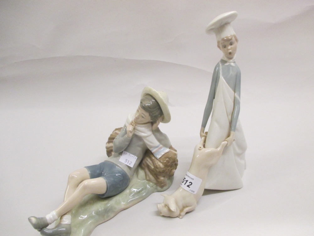 Lladro figure of a chef with a piglet and another figure of a reclining boy