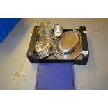 Small box containing a quantity of various silver plated items including: sucrier,