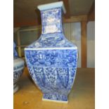 20th Century Chinese blue and white square baluster form vase, 14ins high,