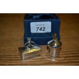 Small silver circular tooth box with fairy mounted cover and a small silver box mounted with a