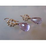 Pair of faceted amethyst and diamond drop earrings