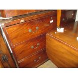 George III mahogany and crossbanded straight front chest of three drawers with brass swan neck