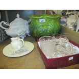 Green glazed pottery jardiniere, a white glazed tureen and cover,