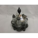 Victorian papier mache lacquer and mother of pearl inlaid cruet stand with cut glass and silver