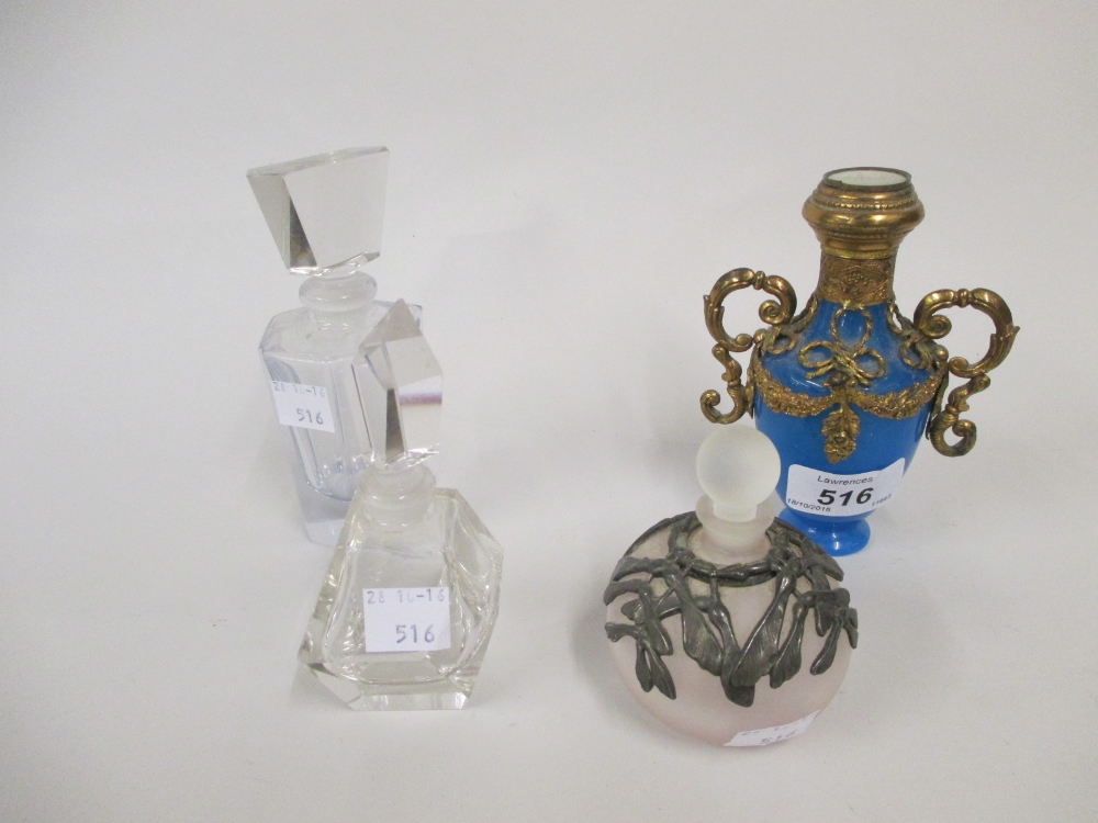 19th Century gilt metal mounted blue glass perfume decanter together with another metal mounted