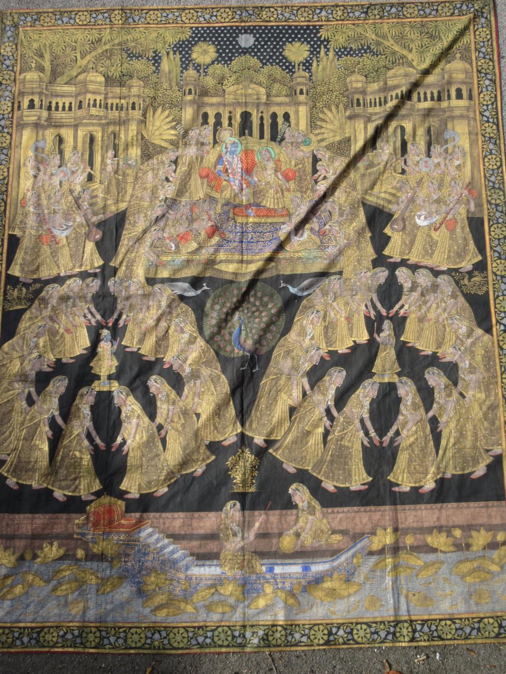 Large Indian painted linen wall hanging temple scene with various female figures and a central - Image 2 of 2