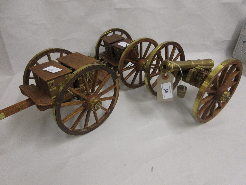 Wooden and brass mounted one tenth scale model of a Napoleonic field gun, circa 1815,