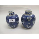 Pair of Chinese blue and white prunus decorated ginger jars with covers,