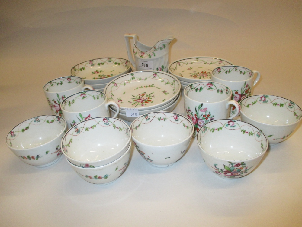 19th Century English porcelain part tea service decorated with floral sprigs in pink and green