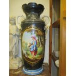 Large French porcelain two handled baluster form vase decorated with a panel of a figure by water