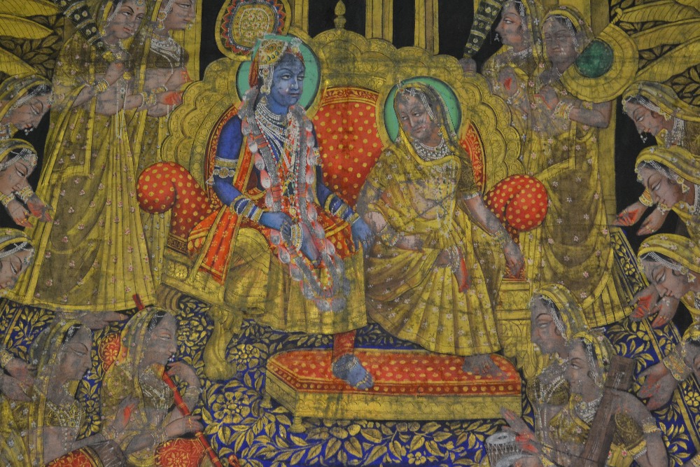 Large Indian painted linen wall hanging temple scene with various female figures and a central