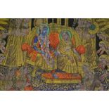 Large Indian painted linen wall hanging temple scene with various female figures and a central