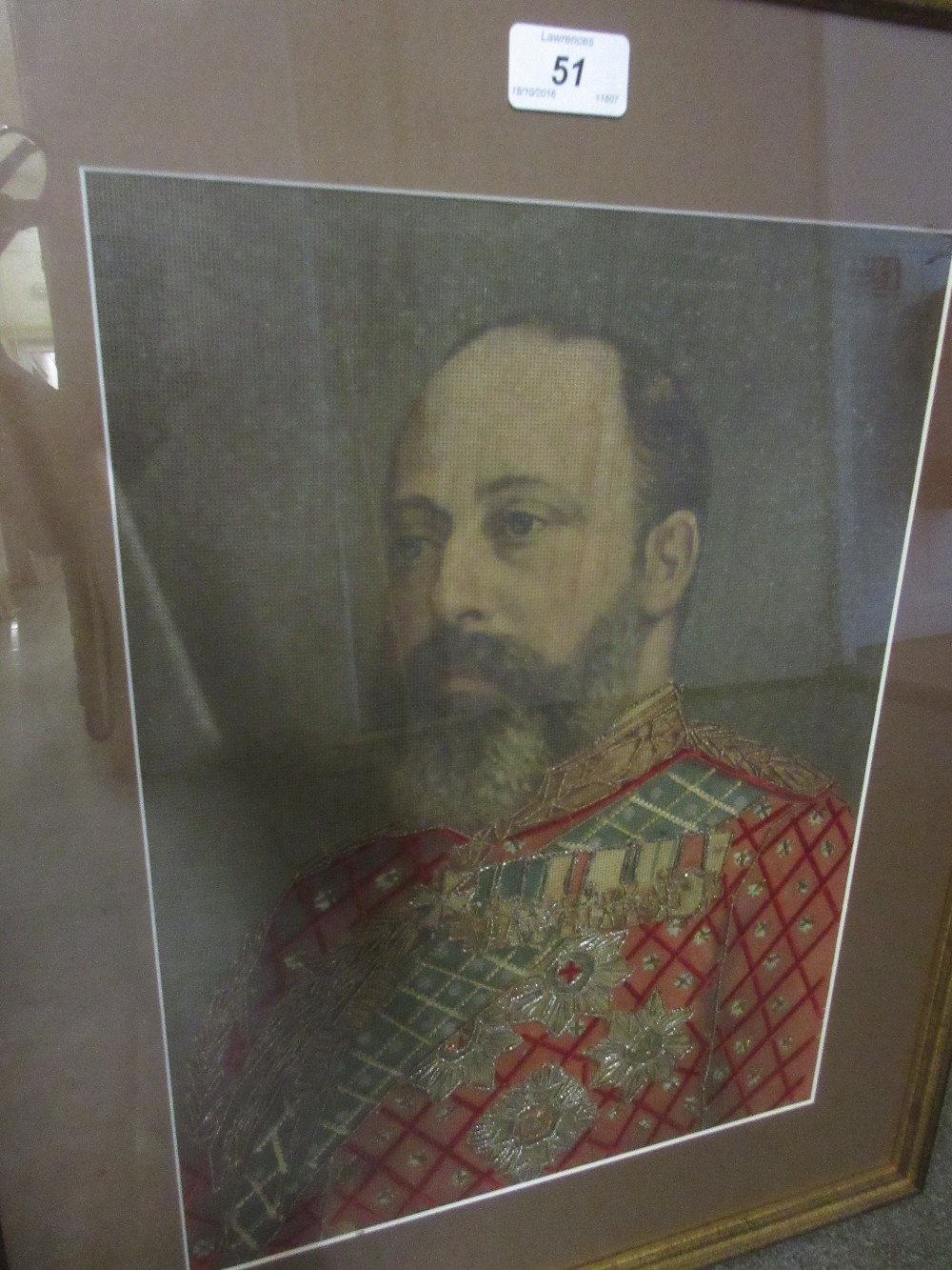 Pair of early 20th Century beadwork portraits of Edward VII and Queen Alexandra, 15ins x 11.