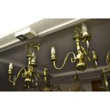 Pair of Dutch style brass three branch chandeliers