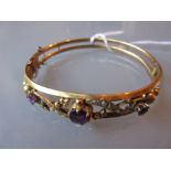 Edwardian 9ct gold amethyst and seed pearl mounted bangle