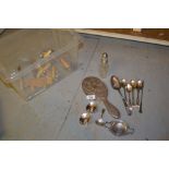 Silver backed hand mirror, silver tea strainer, caddy spoon, pair of Danish silver taper sticks,